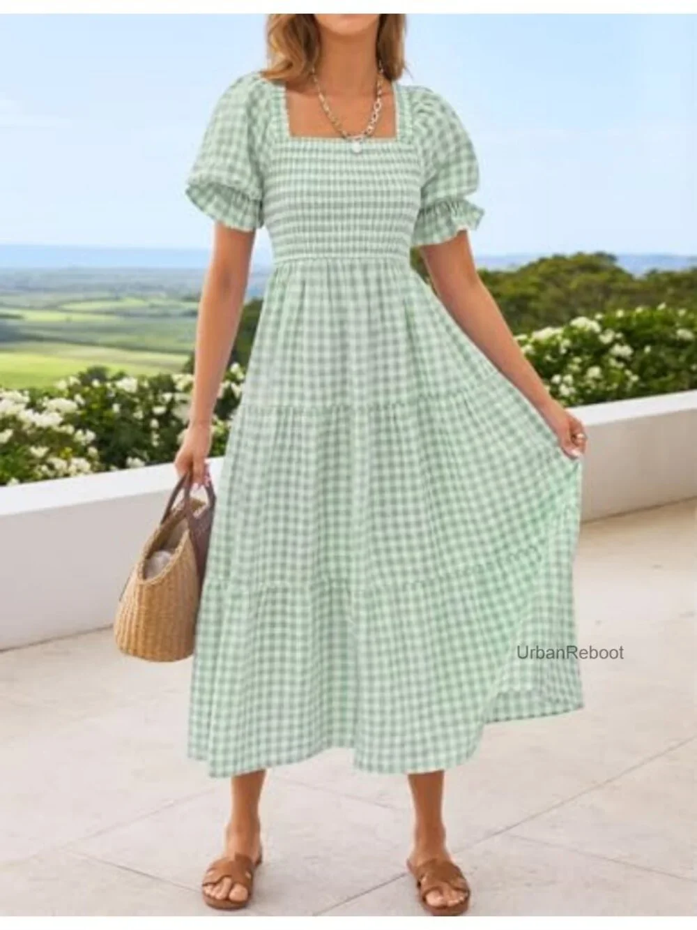 ZESICA Women's Summer Boho Gingham Puff Sleeve Square Neck Beach Midi Dress